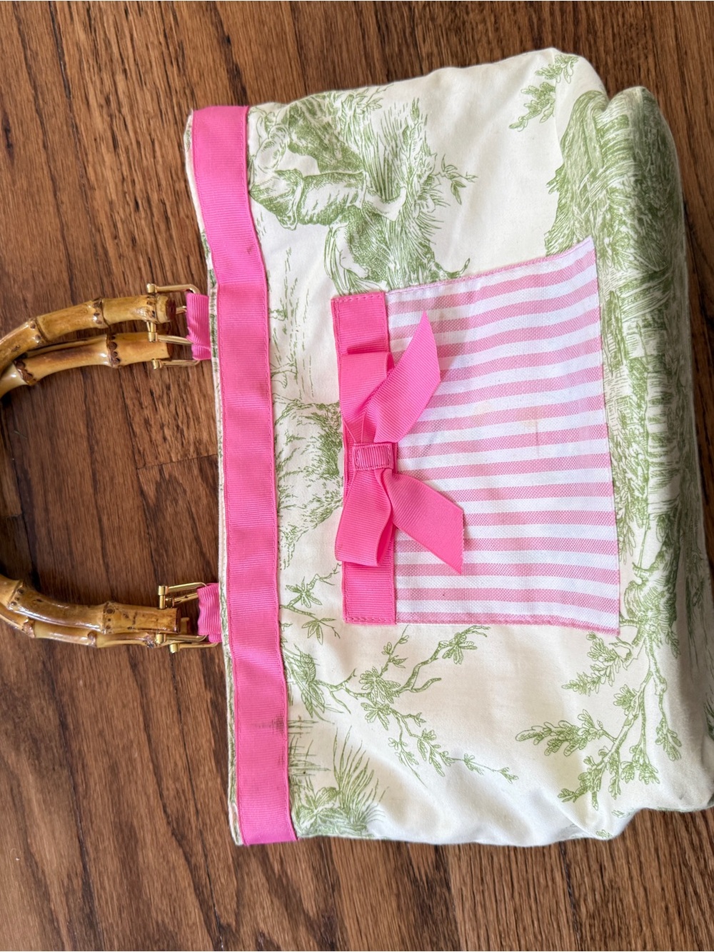 Lily Pulitzer Inspired Women’s Pink & Green Canvas Tote with Bamboo Handles